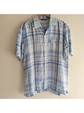 Tommy Bahama Mens 100% Linen Camp Shirt M Blue Plaid Relaxed Fit Vacation Shirt